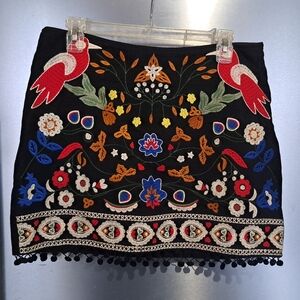 Black Umgee Embroidered Mini Skirt Red Bird Floral Boho Pom Pom Trim Large